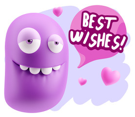 3d Rendering. Love Biting Lip Emoticon Face saying Best Wishes w