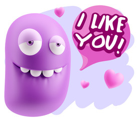 3d Rendering. Love Biting Lip Emoticon Face saying I Like You wi