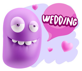 3d Rendering. Love Biting Lip Emoticon Face saying Wedding with