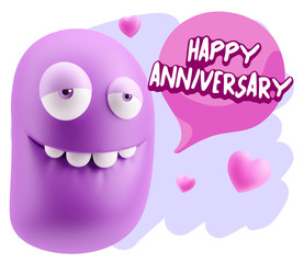 3d Rendering. Love Biting Lip Emoticon Face saying Happy Anniver