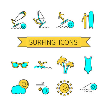 Thin line icon set for web and mobile. Set includes- wind surfing, swimming, surfboarding, wind surf, palm, sun glasses, swimsuit, sun, wind, wave.