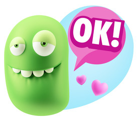 3d Rendering. Love Biting Lip Emoticon Face saying Ok with Color