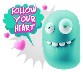 3d Rendering. Love Biting Lip Emoticon Face saying Follow Your H