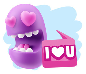 3d Rendering. Emoji in love with heart eyes saying I Love U with