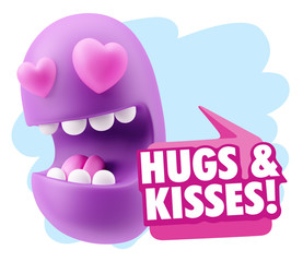 3d Rendering. Emoji in love with heart eyes saying Hugs And Kiss