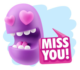 3d Rendering. Emoji in love with heart eyes saying Miss You with