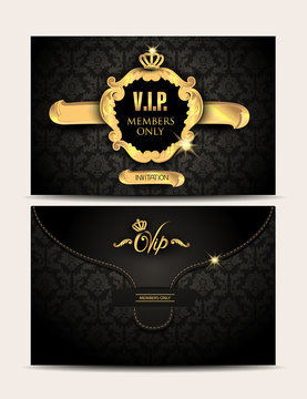 Gold VIP envelope with floral background and gold vintage frame. 