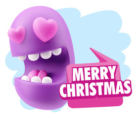 3d Rendering. Emoji in love with heart eyes saying Merry Christm