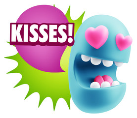 3d Rendering. Emoji in love with heart eyes saying Kisses with C