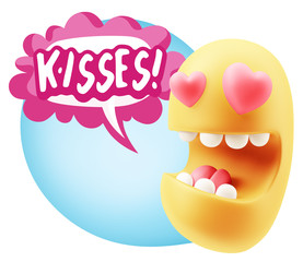 3d Rendering. Emoji in love with heart eyes saying Kisses with C