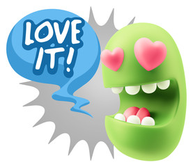 3d Rendering. Emoji in love with heart eyes saying Love It with