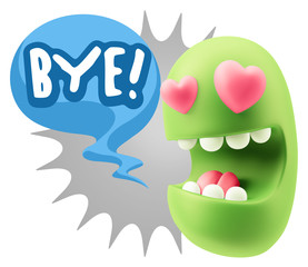 3d Rendering. Emoji in love with heart eyes saying Bye with Colo