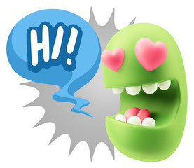 3d Rendering. Emoji in love with heart eyes saying Hi with Color