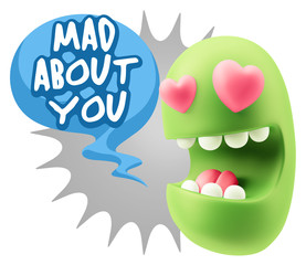 3d Rendering. Emoji in love with heart eyes saying Mad About You