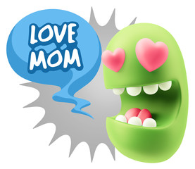 3d Rendering. Emoji in love with heart eyes saying Love Mom with