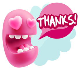 3d Rendering. Emoji in love with heart eyes saying Thanks with C