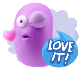 3d Rendering. Kiss Emoticon Face saying Love It with Colorful Sp