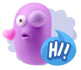 3d Rendering. Kiss Emoticon Face saying Hi with Colorful Speech