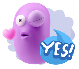 3d Rendering. Kiss Emoticon Face saying Yes with Colorful Speech