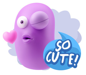 3d Rendering. Kiss Emoticon Face saying So Cute with Colorful Sp