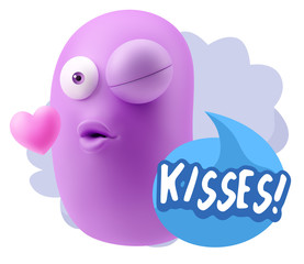 3d Rendering. Kiss Emoticon Face saying Kisses with Colorful Spe