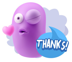 3d Rendering. Kiss Emoticon Face saying Thanks with Colorful Spe