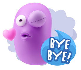 3d Rendering. Kiss Emoticon Face saying Bye Bye with Colorful Sp