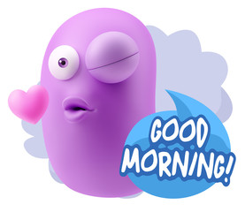 3d Rendering. Kiss Emoticon Face saying Good Morning with Colorf