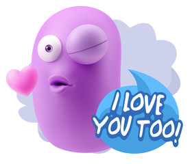 3d Rendering. Kiss Emoticon Face saying I Love You Too with Colo