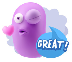 3d Rendering. Kiss Emoticon Face saying Great with Colorful Spee