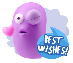 3d Rendering. Kiss Emoticon Face saying Best Wishes with Colorfu