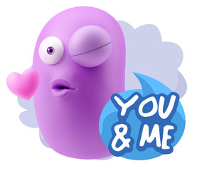 3d Rendering. Kiss Emoticon Face saying You And Me with Colorful