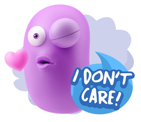 3d Rendering. Kiss Emoticon Face saying I Don't Care with Colorf