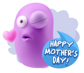 3d Rendering. Kiss Emoticon Face saying Happy Mother's Day with