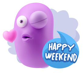 3d Rendering. Kiss Emoticon Face saying Happy Weekend with Color