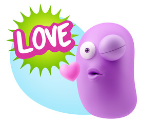 3d Rendering. Kiss Emoticon Face saying Love with Colorful Speec