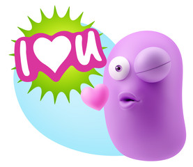 Obraz premium 3d Rendering. Kiss Emoticon Face saying I Love U with Colorful S