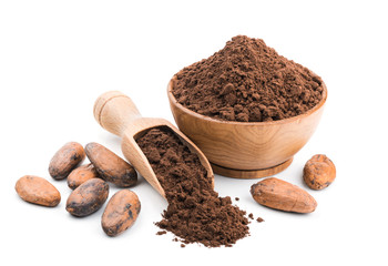 Cocoa powder in a wooden bowl isolated on white