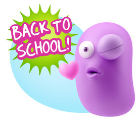 3d Rendering. Kiss Emoticon Face saying Back To School with Colo