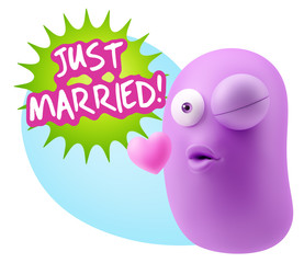 3d Rendering. Kiss Emoticon Face saying Just Married with Colorf