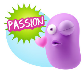 3d Rendering. Kiss Emoticon Face saying Passion with Colorful Sp