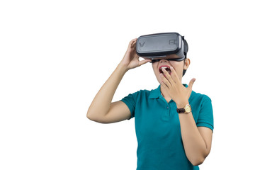Young woman watching though the VR device isolated on white background.