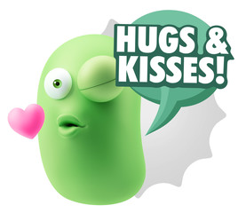 3d Rendering. Kiss Emoticon Face saying Hugs And Kisses with Col