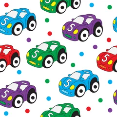 Türaufkleber Autorennen Kinderspielzeugauto nahtlose Textur. Autohintergrund, Kindertapete. Vektor-Illustration