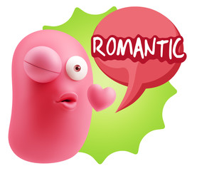 3d Rendering. Kiss Emoticon Face saying Romantic with Colorful S