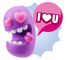 3d Rendering. Emoji in love with heart eyes saying I Love U with