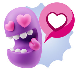 3d Rendering. Emoji in love with heart eyes saying Love with a H