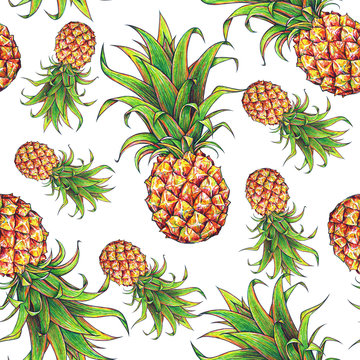 Pineapple on a white background. Color drawing markers. Tropical fruit. Seamless pattern