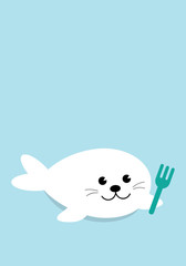 A Cute Baby Seal Pup with fork cartoon character on blue background. Harp seal pup invitation card in 5x7 dimension. Flat design Vector illustration.