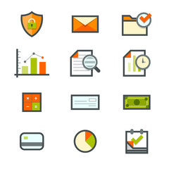 Accounting icons for security, email, mail, files, graphs, forensic, time, calculation, check, cash, credit, pie chart, and date